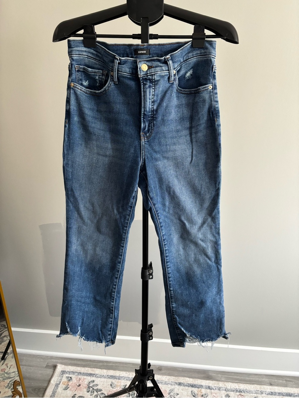 Express Dark Blue High Waisted Cropped Flare Jeans